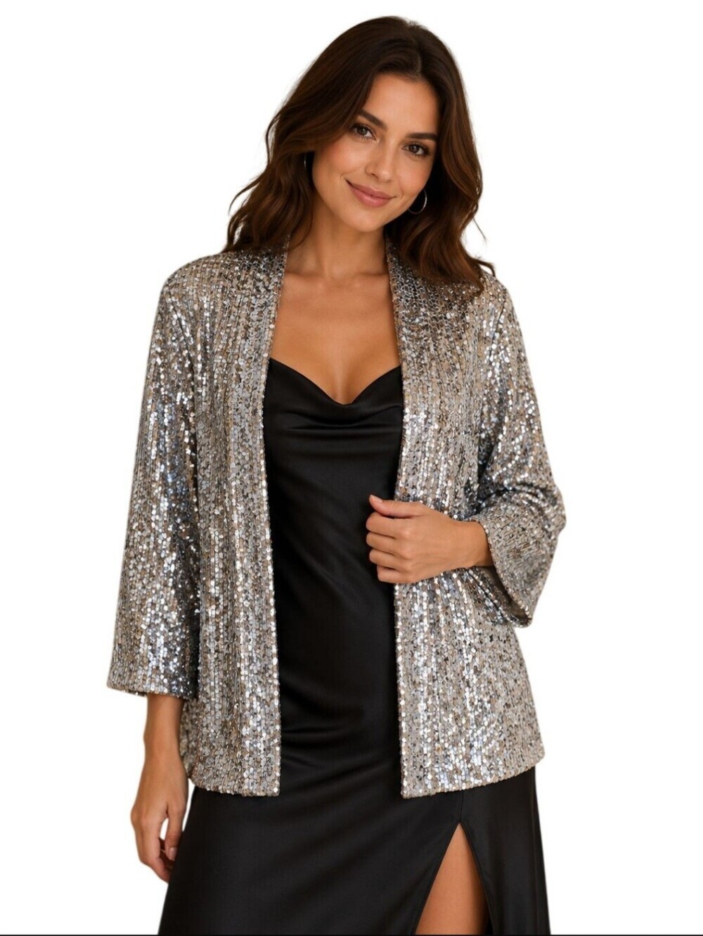 Cable & Gauge Stunning Open Front Silver Sequined Jacket Size M